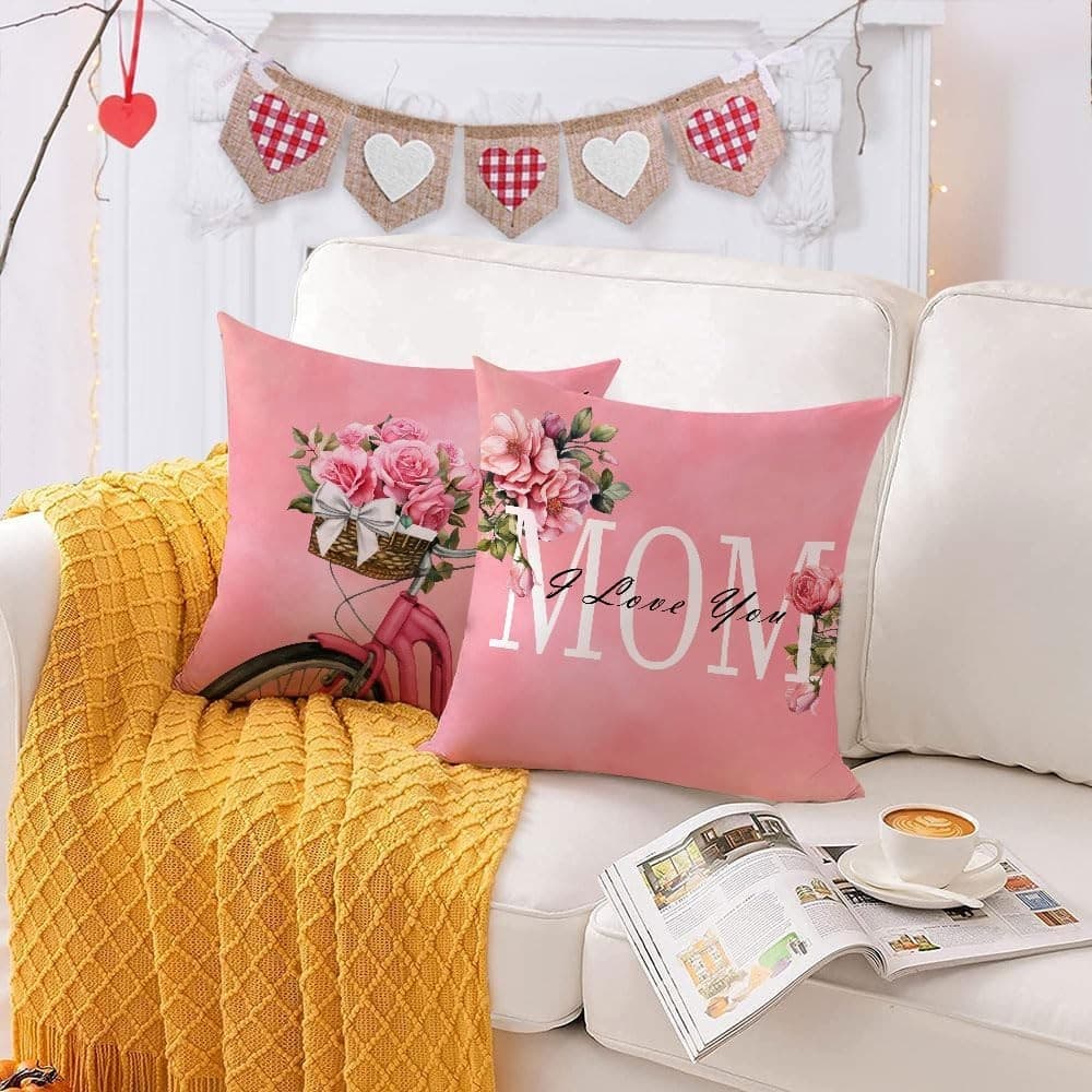 Set of 4 Mother’s Day Pillow Covers 20x20 Pink Floral Mom Rose Cushion Decor - Thumbnail 3