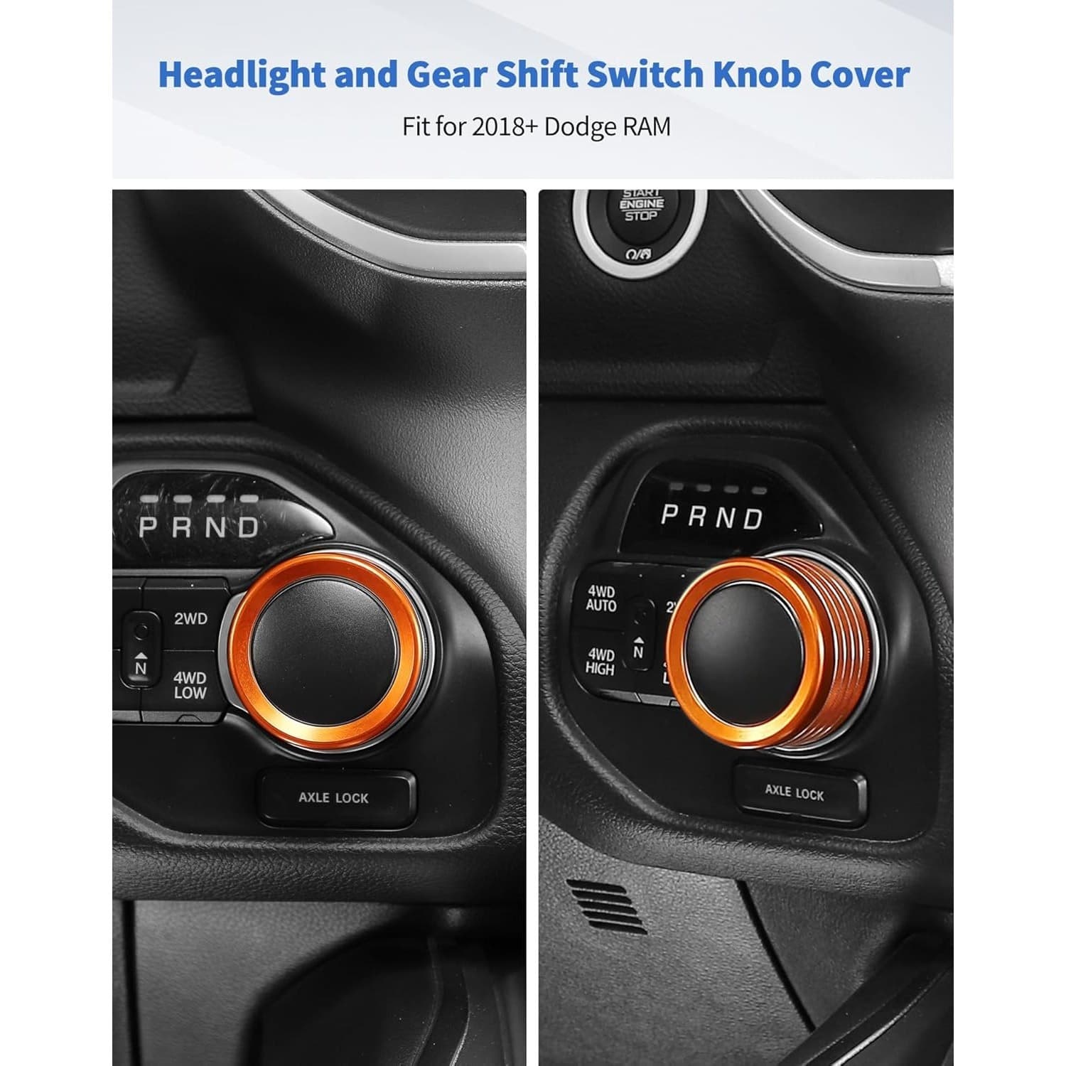 Headlight & Gear Shift Knob Cover Trim for 2018+ Dodge Ram Aluminum Orange - Thumbnail 2