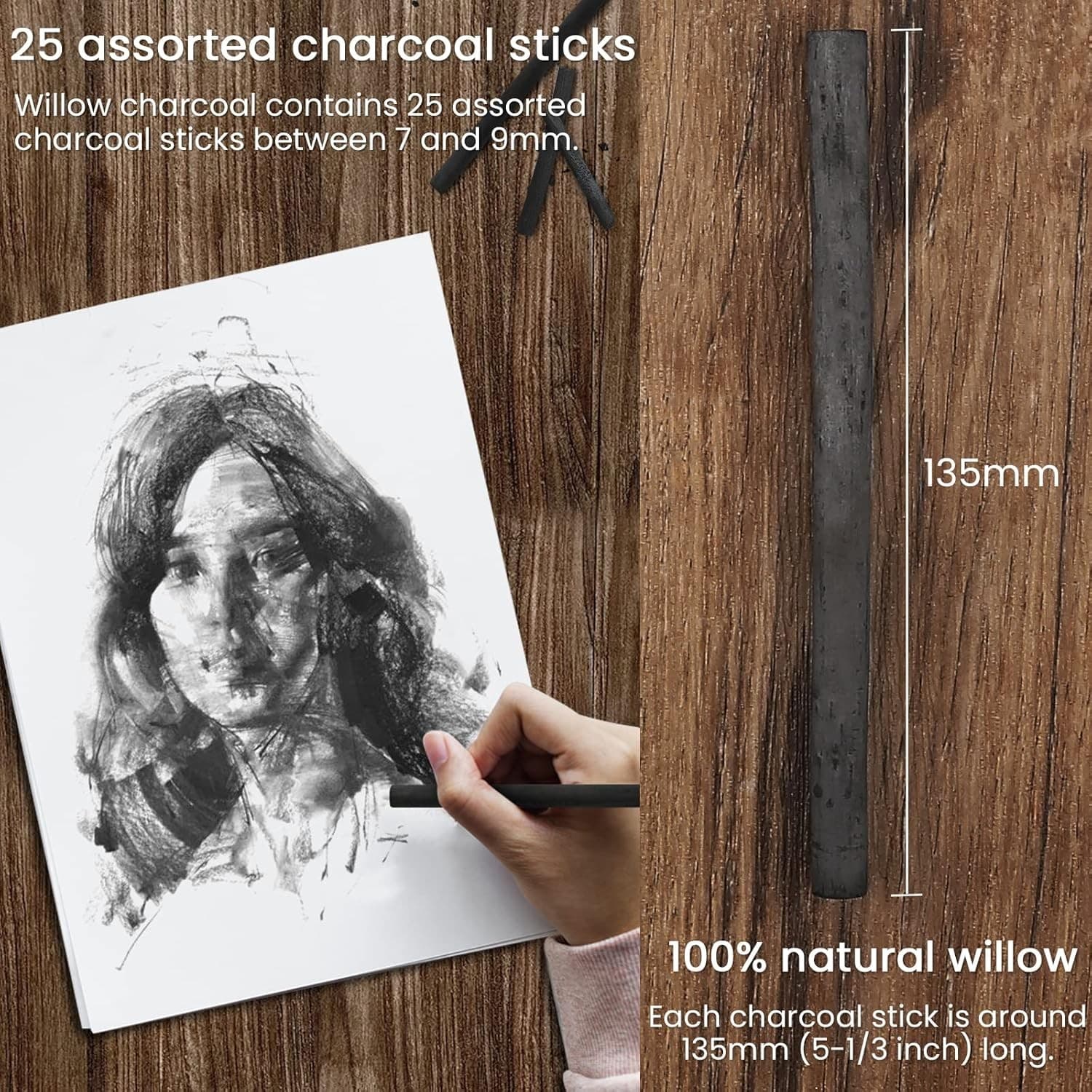 25 Willow Charcoal Sticks Natural Drawing Charcoal for Sketching 4-5mm - Thumbnail 6