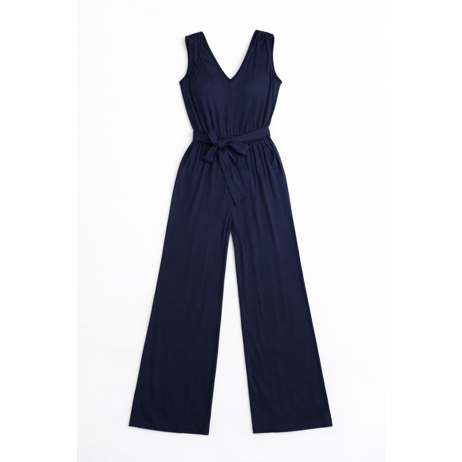 Trina Turk Navy V-Neck Wide Leg Jumpsuit Size S Tie Waist Sleeveless NWT - Thumbnail 5