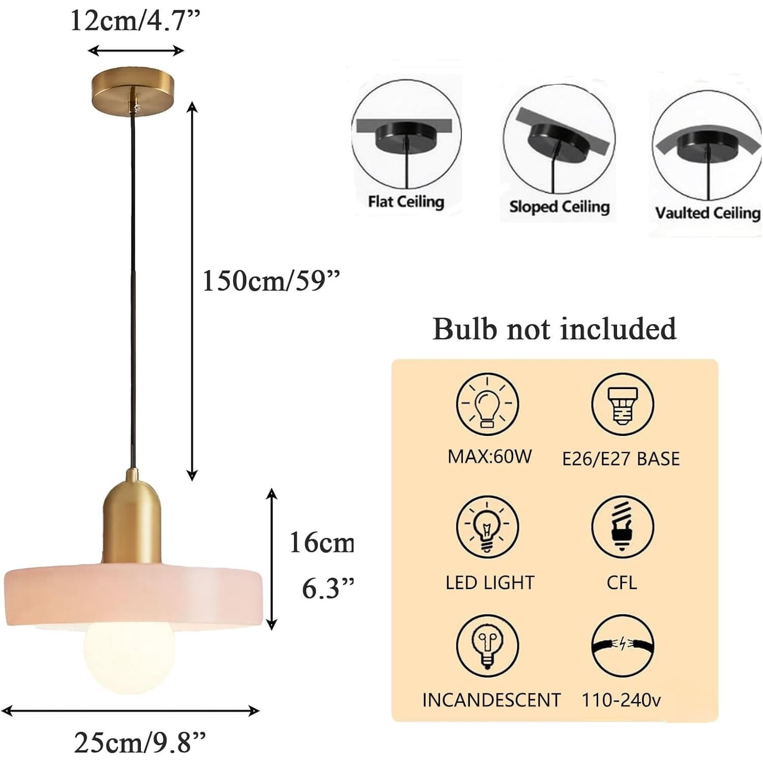Pink Glass Pendant Light Brass Gold Hanging Lamp Kitchen Island E26 - Thumbnail 2
