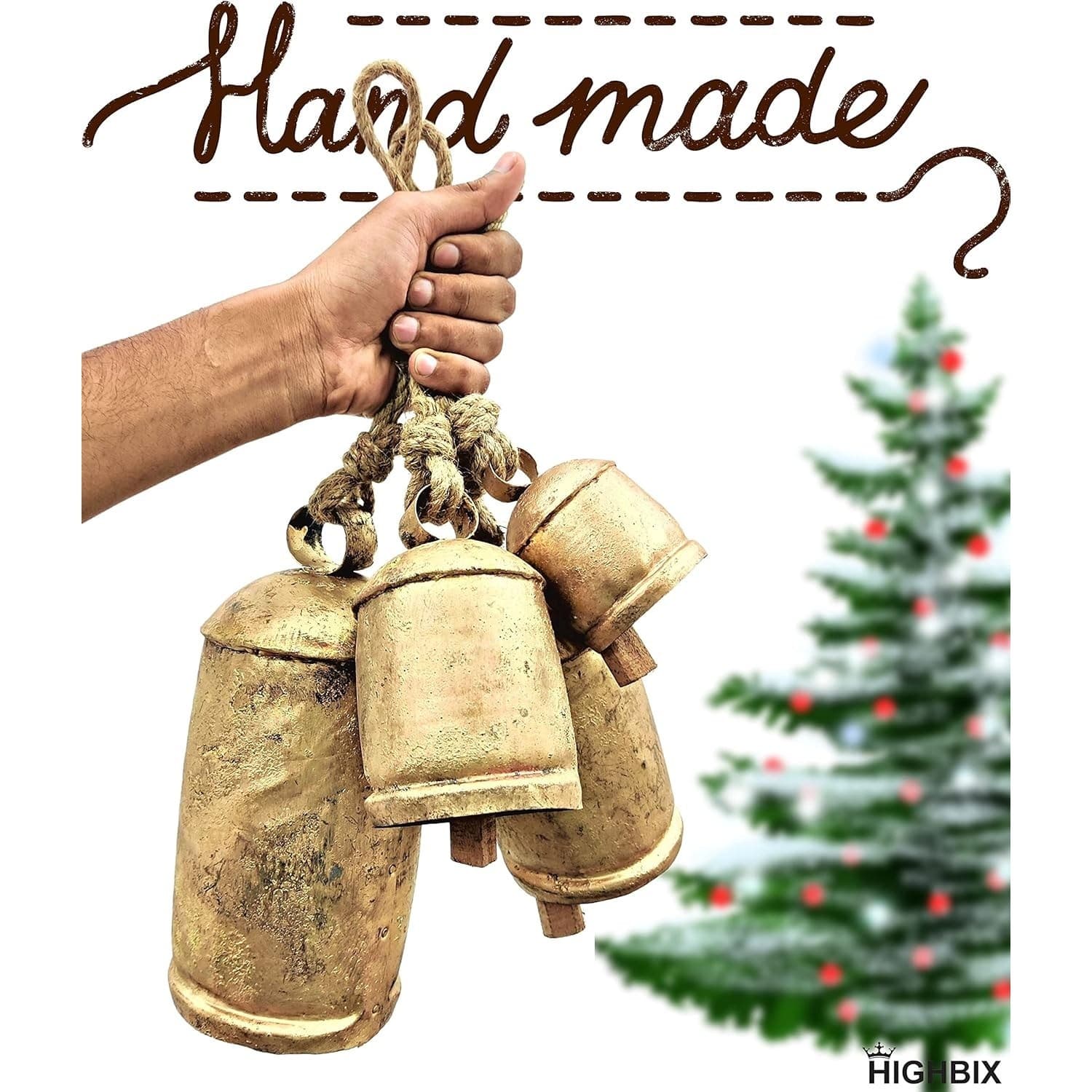 Brass Cow Bells Set of 3 Rustic Vintage Hanging Christmas Decor Farm Large Bells - Thumbnail 2