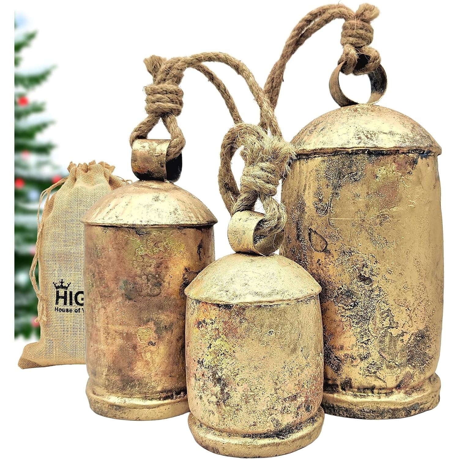 Brass Cow Bells Set of 3 Rustic Vintage Hanging Christmas Decor Farm Large Bells
