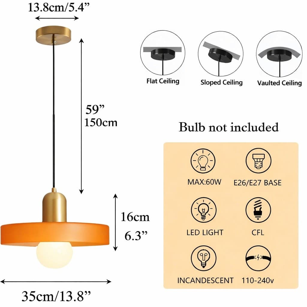 Orange Glass Pendant Light Brass Gold Hanging Lamp Kitchen Island E26 - Thumbnail 2