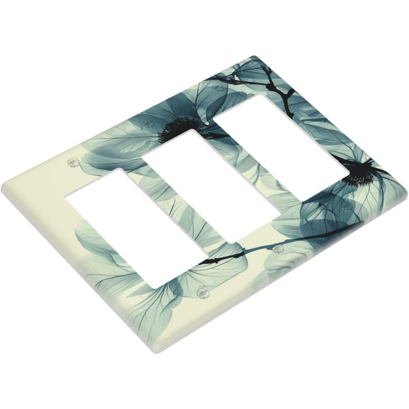 Triple Rocker Light Switch Cover – Ink Flower Cyan Blue Wall Plate, 6.4"x4.5" - Thumbnail 2