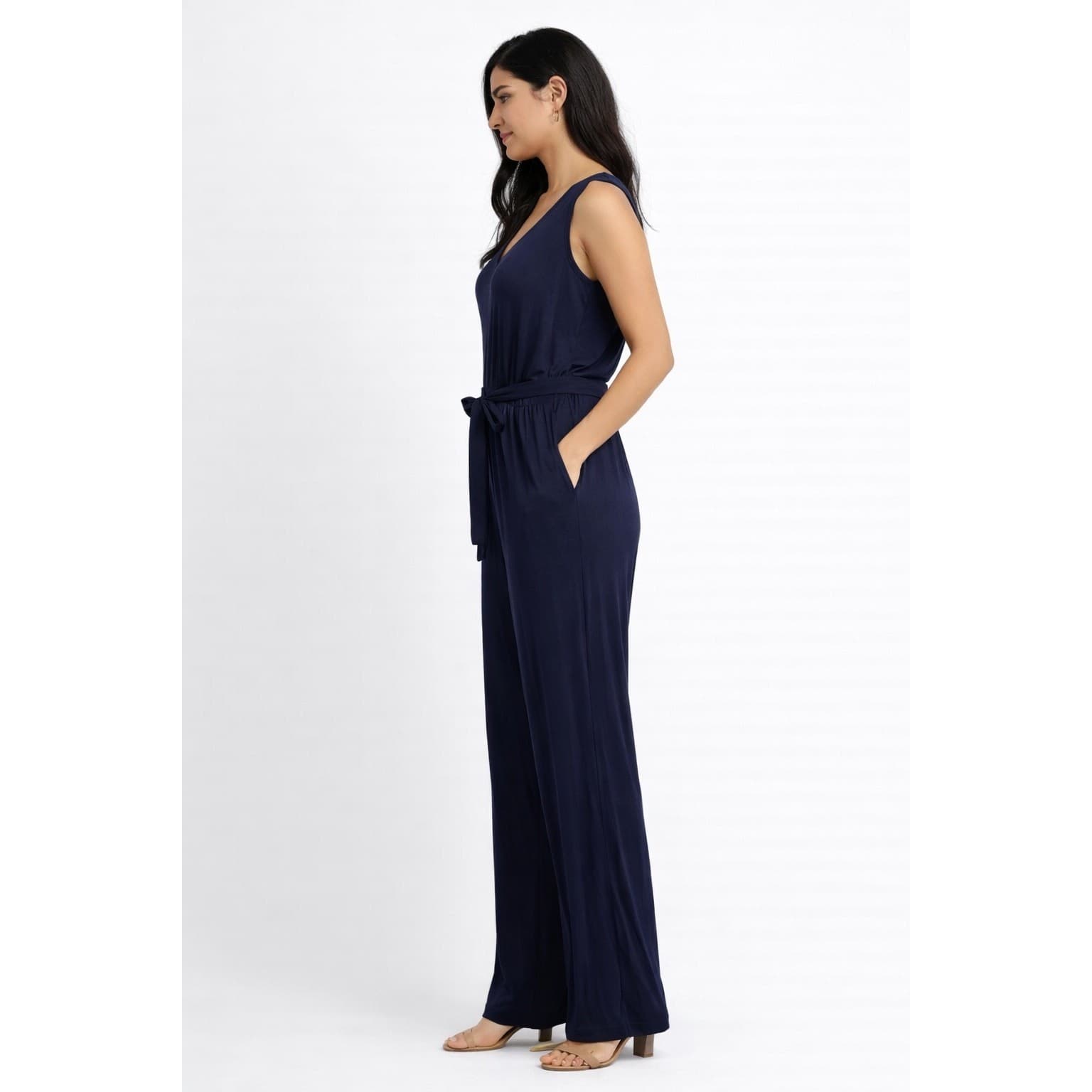Trina Turk Navy V-Neck Wide Leg Jumpsuit Size S Tie Waist Sleeveless NWT - Thumbnail 3