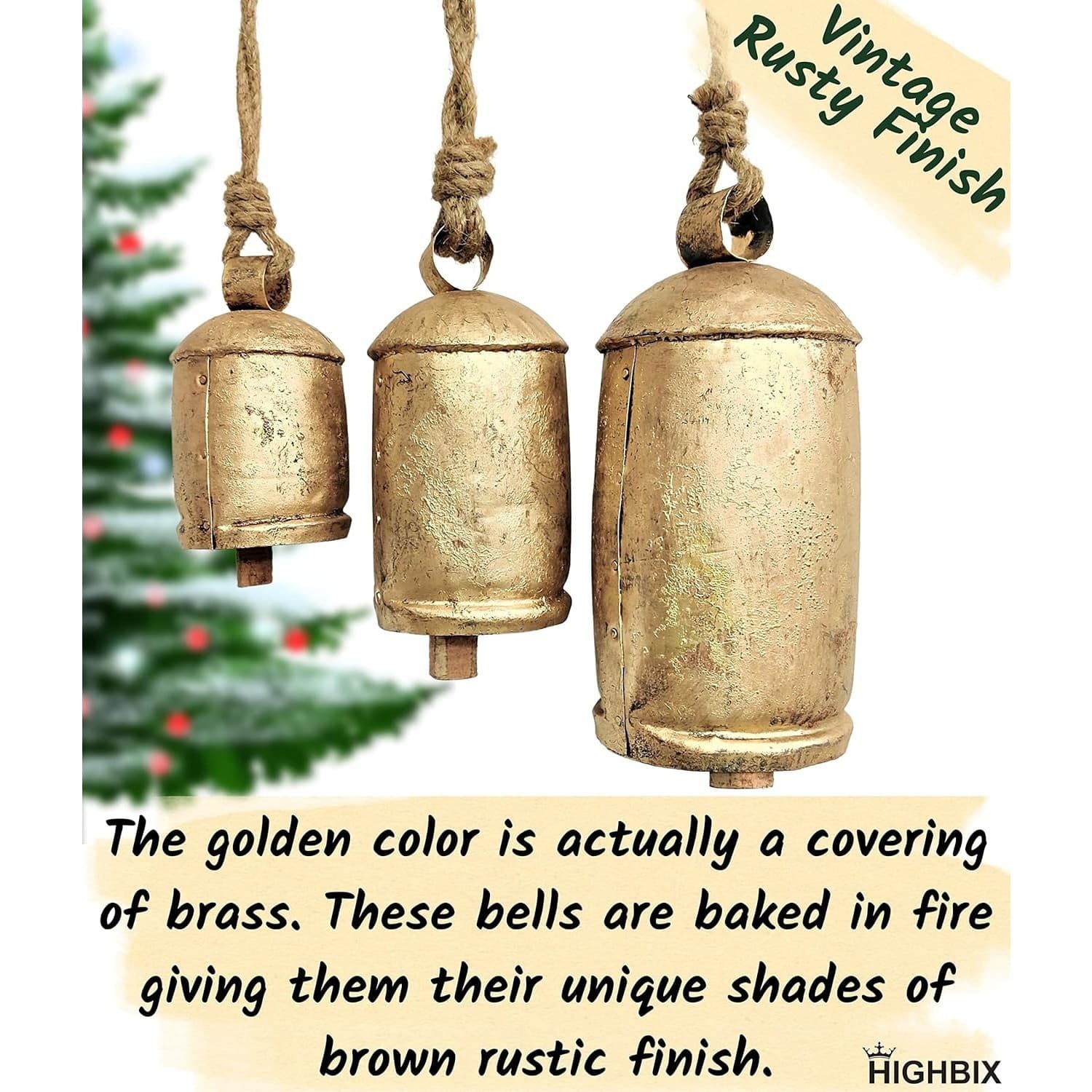 Brass Cow Bells Set of 3 Rustic Vintage Hanging Christmas Decor Farm Large Bells - Thumbnail 5