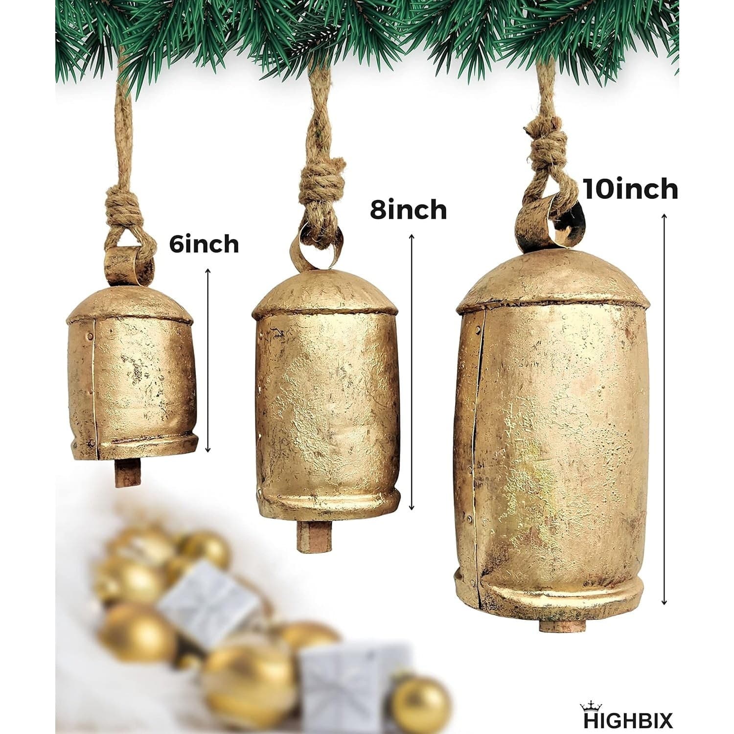 Brass Cow Bells Set of 3 Rustic Vintage Hanging Christmas Decor Farm Large Bells - Thumbnail 4