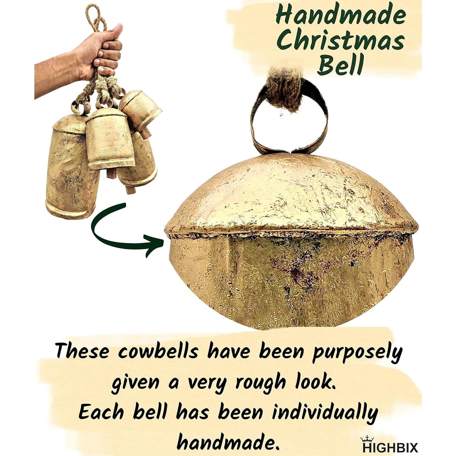 Brass Cow Bells Set of 3 Rustic Vintage Hanging Christmas Decor Farm Large Bells - Thumbnail 3