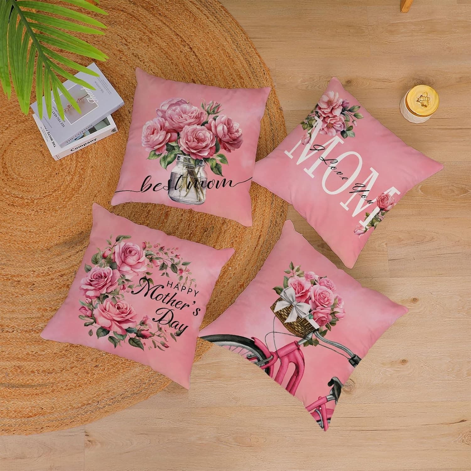 Set of 4 Mother’s Day Pillow Covers 20x20 Pink Floral Mom Rose Cushion Decor - Thumbnail 6
