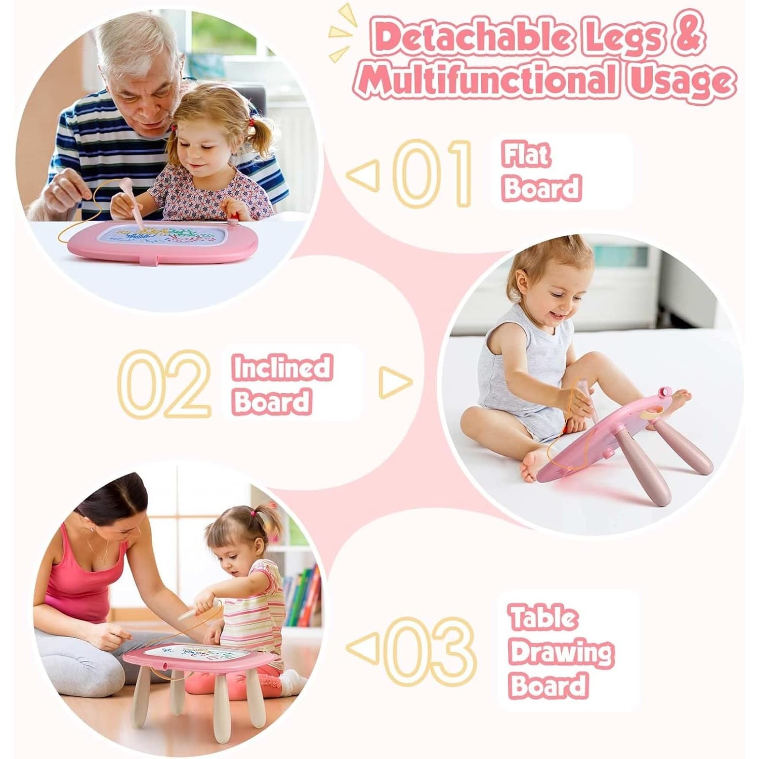 Toddler Magnetic Drawing Board Table Pink 3in1 Doodle Pad Toy Gift Girl - Thumbnail 3