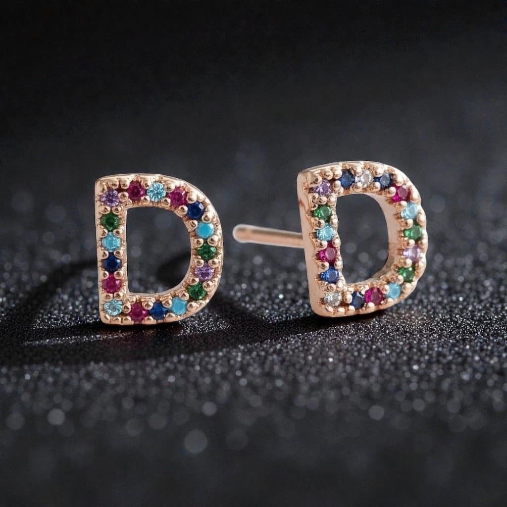 Letter D Initial Earrings Women Rainbow CZ Rose Gold Plated Hypoallergenic Studs - Thumbnail 3