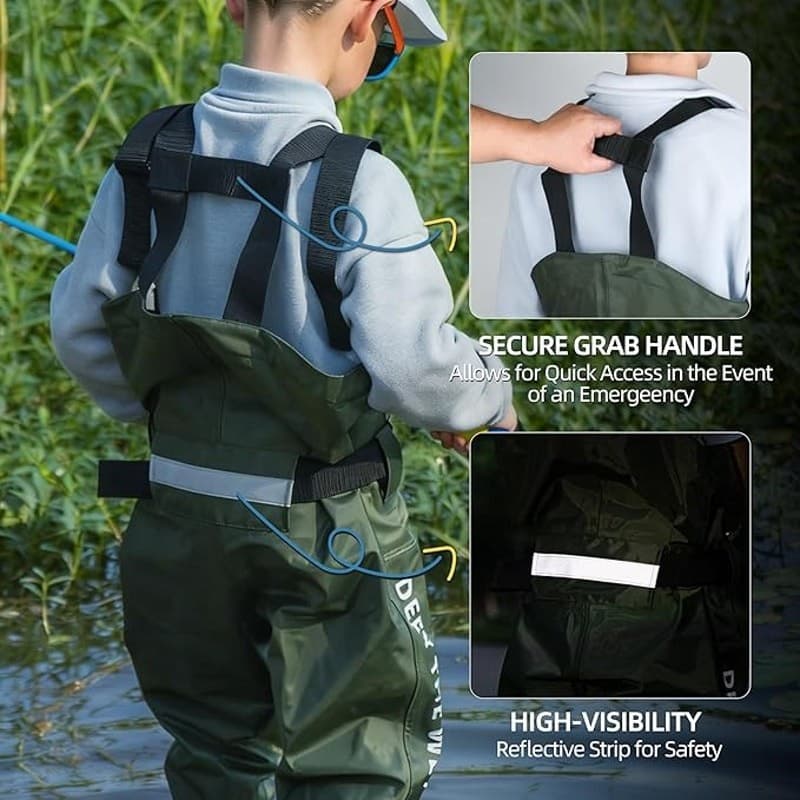 Kids Chest Waders with Boots Waterproof Green Size 2/3T Toddler Fishing - Thumbnail 2