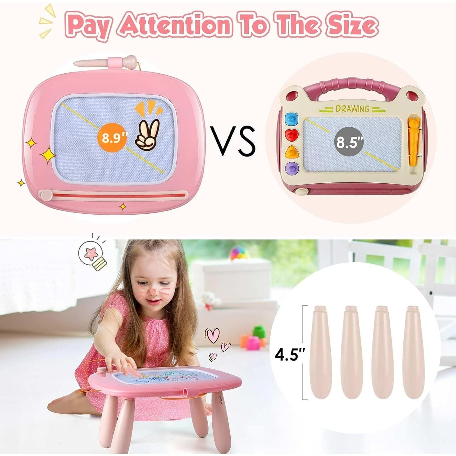 Toddler Magnetic Drawing Board Table Pink 3in1 Doodle Pad Toy Gift Girl - Thumbnail 5