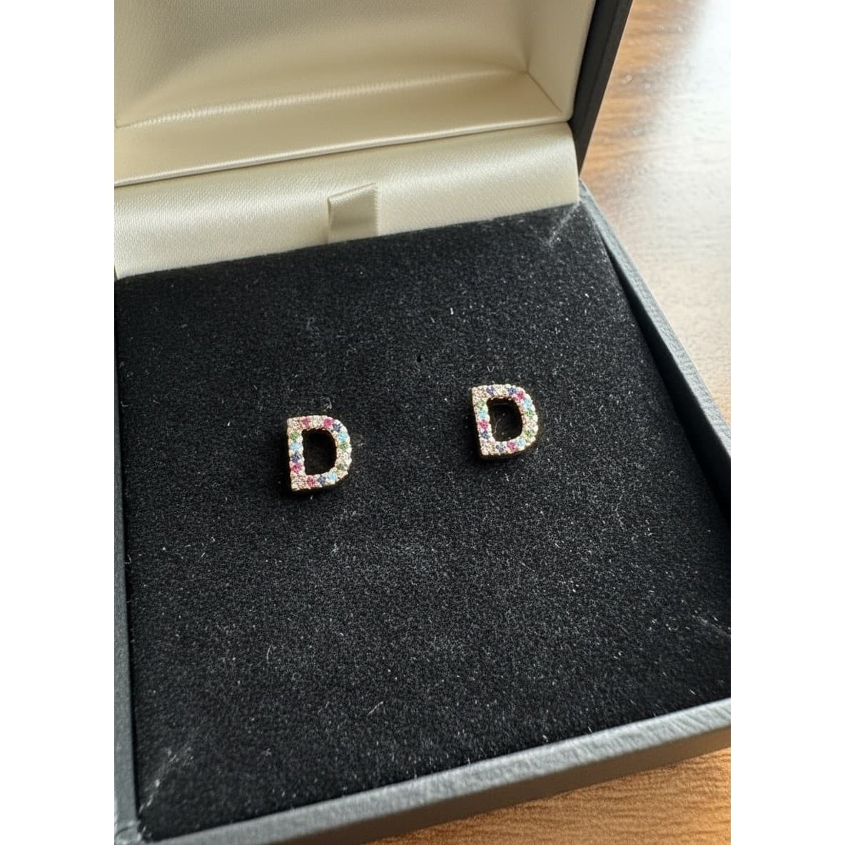Letter D Initial Earrings Women Rainbow CZ Rose Gold Plated Hypoallergenic Studs - Thumbnail 5