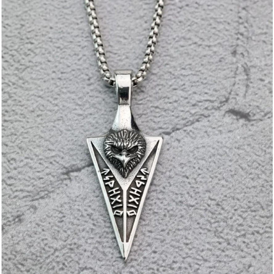 Viking Men's Necklace Stainless Steel Arrowhead Pendant with Runes Eagle - Thumbnail 2