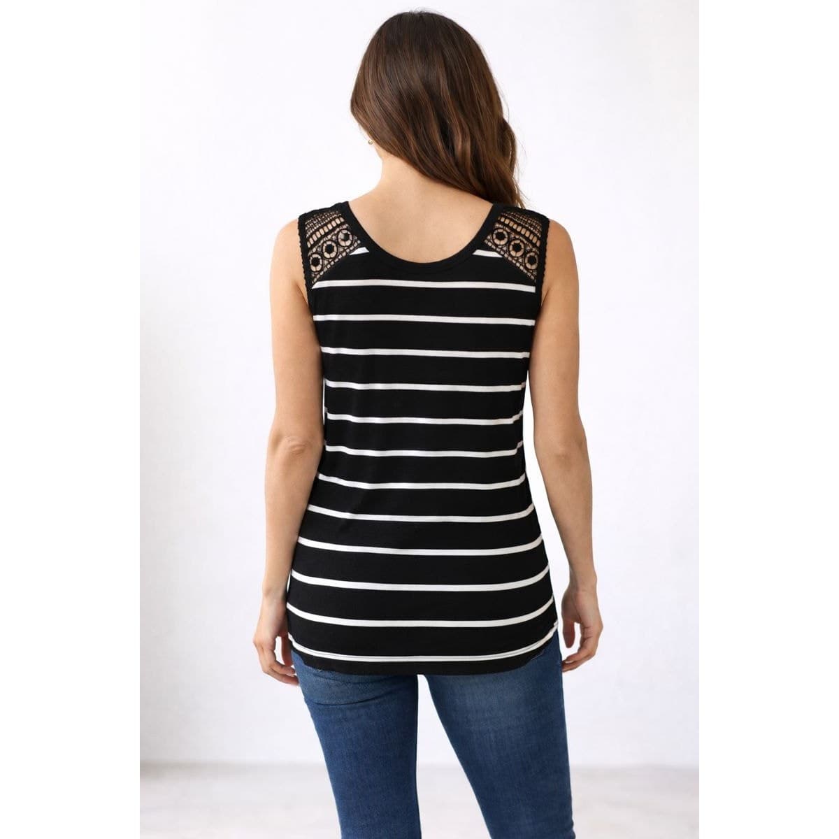 Thyme & Honey Black White Striped Sleeveless Top Size M Lace Shoulders Tie Hem - Thumbnail 2