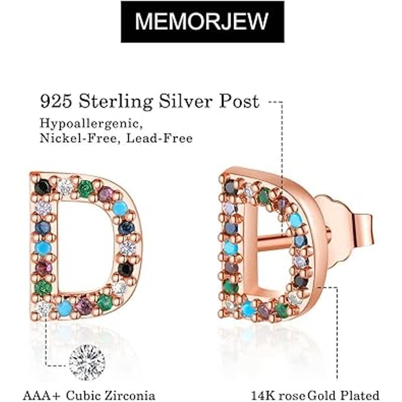Letter D Initial Earrings Women Rainbow CZ Rose Gold Plated Hypoallergenic Studs - Thumbnail 6