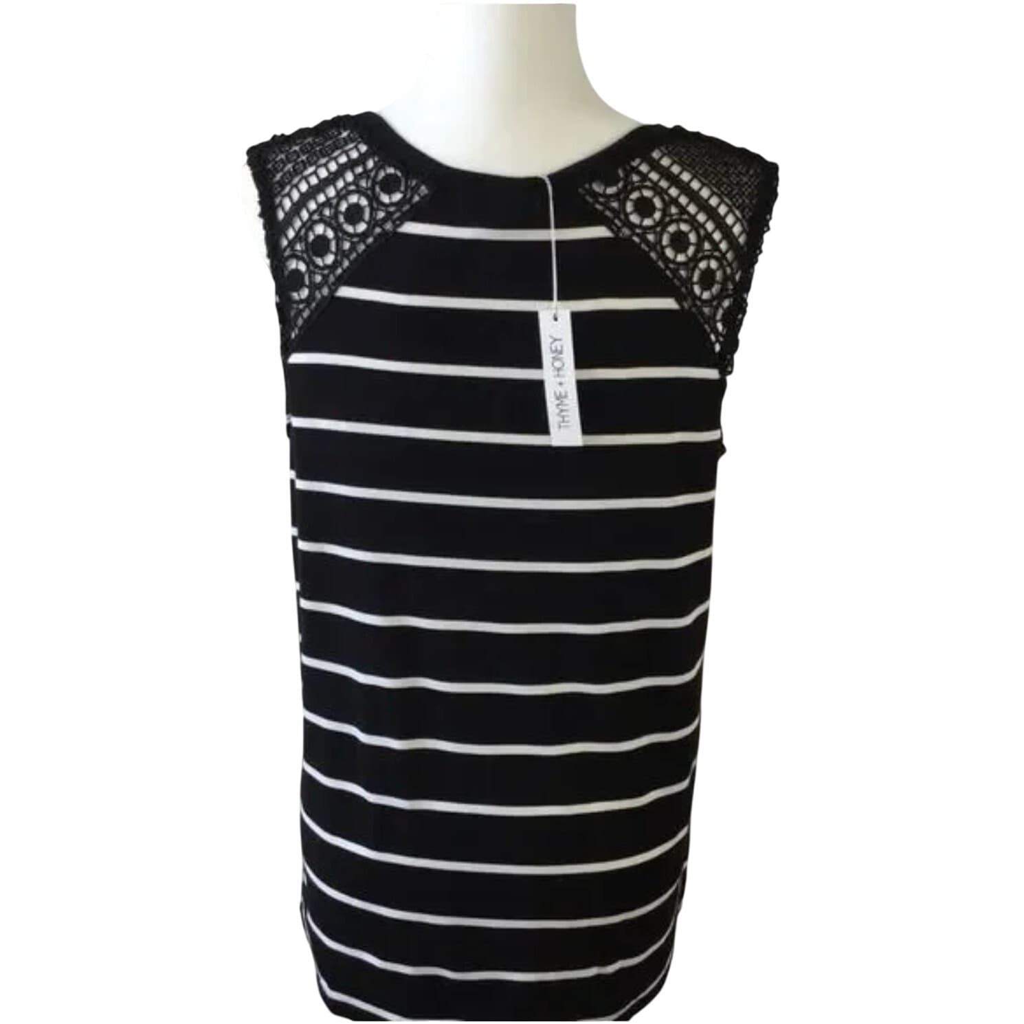 Thyme & Honey Black White Striped Sleeveless Top Size M Lace Shoulders Tie Hem - Thumbnail 6