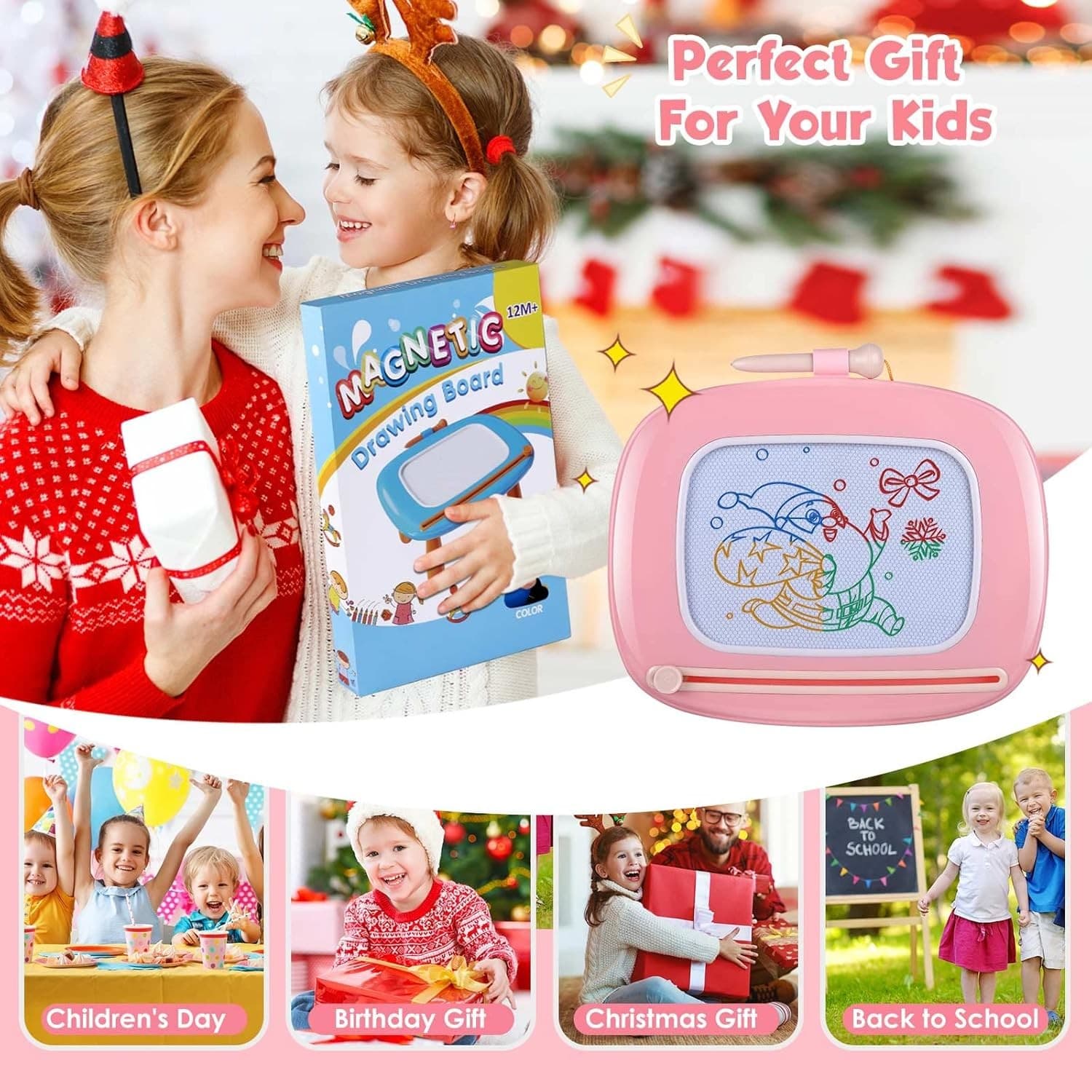 Toddler Magnetic Drawing Board Table Pink 3in1 Doodle Pad Toy Gift Girl - Thumbnail 2