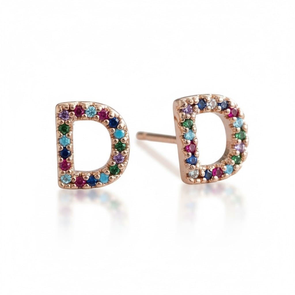 Letter D Initial Earrings Women Rainbow CZ Rose Gold Plated Hypoallergenic Studs - Thumbnail 4