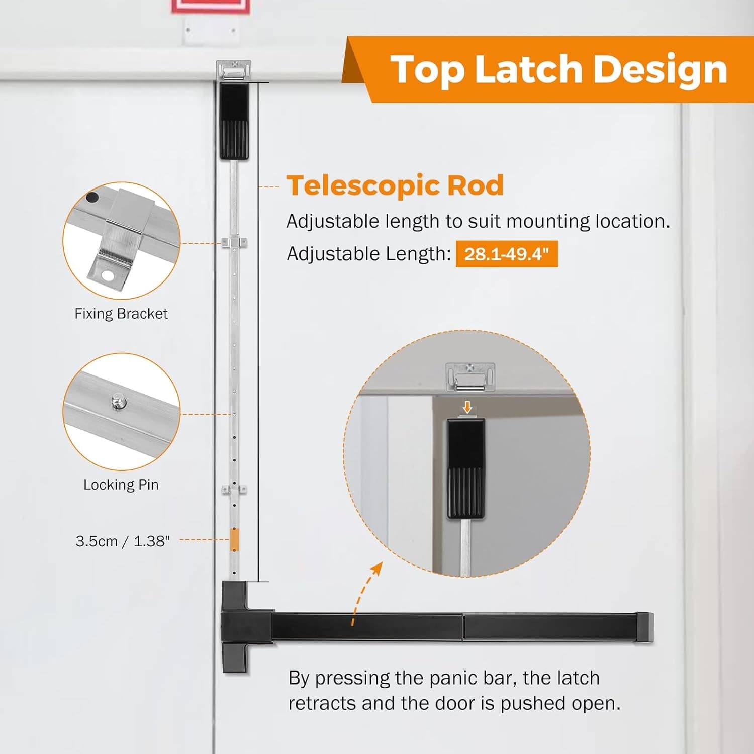 27.5" Door Panic Bar Exit Device Vertical Rod Push Bar Lock Heavy Duty New - Thumbnail 8