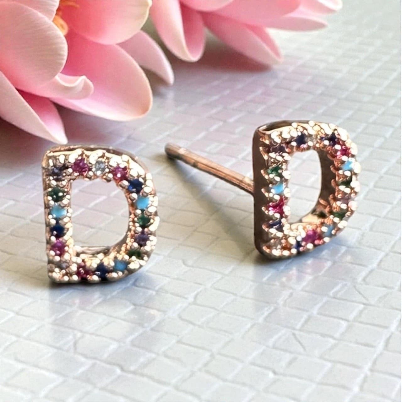 Letter D Initial Earrings Women Rainbow CZ Rose Gold Plated Hypoallergenic Studs - Thumbnail 2