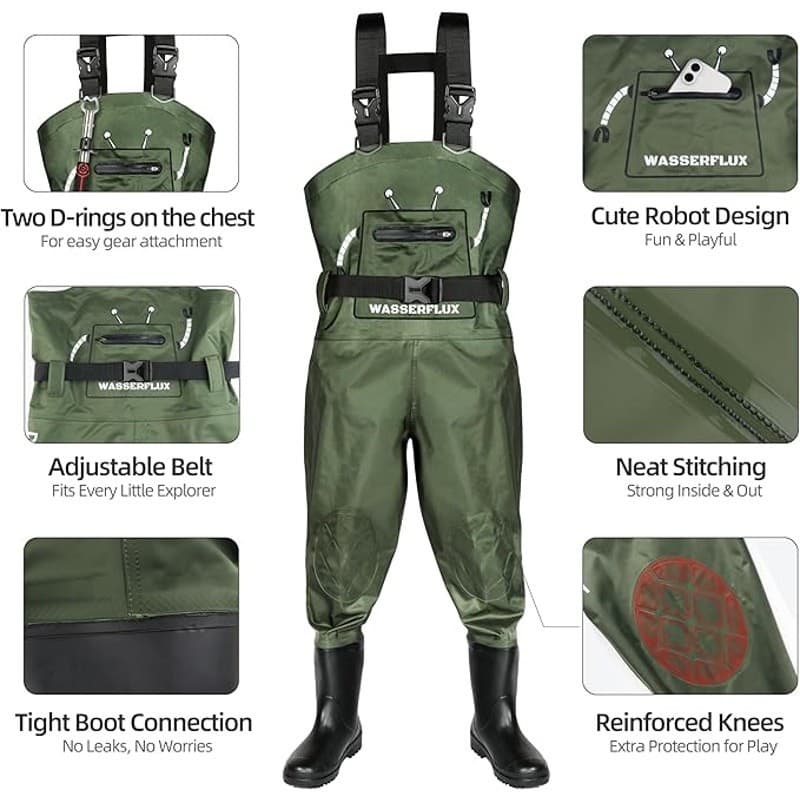 Kids Chest Waders with Boots Waterproof Green Size 2/3T Toddler Fishing - Thumbnail 4