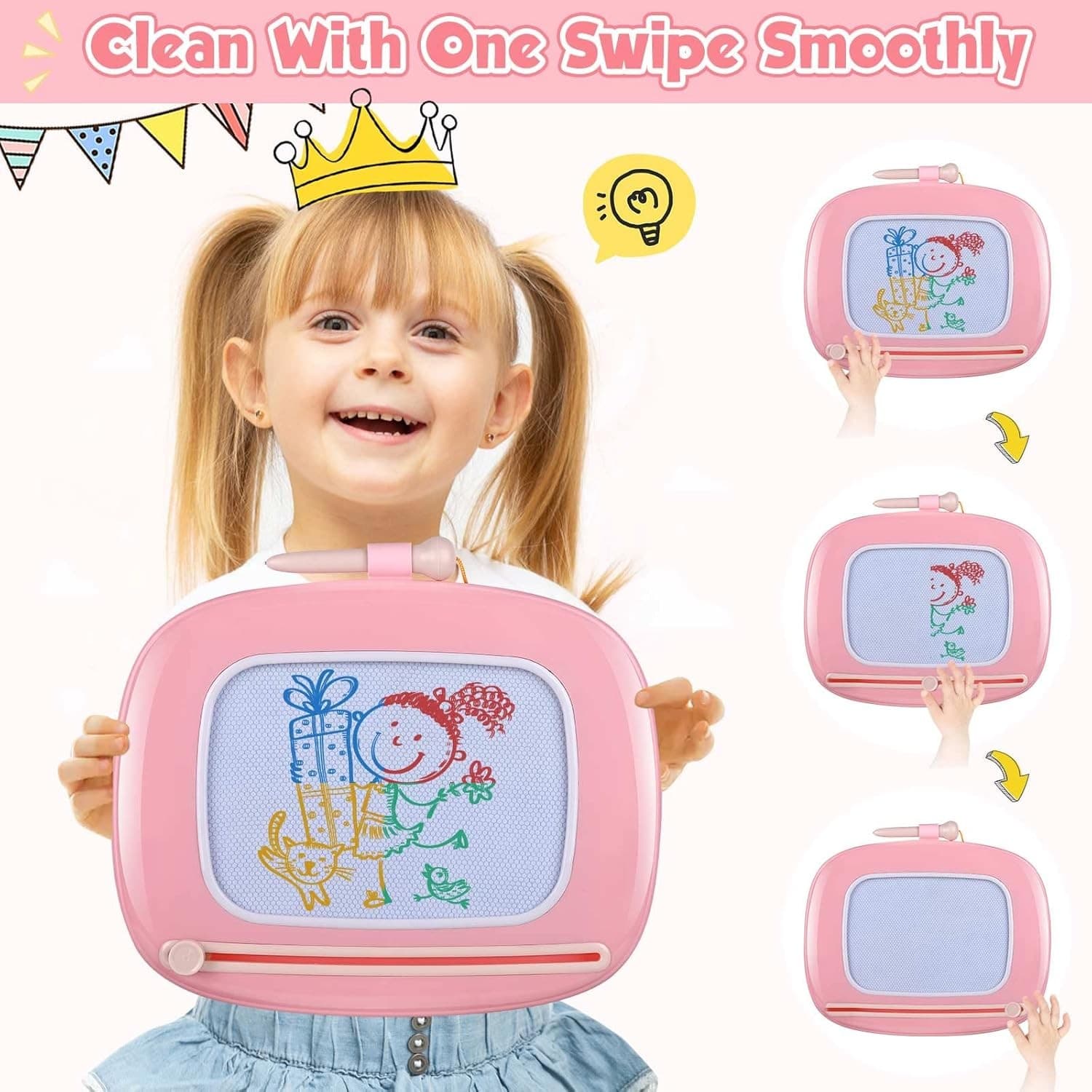 Toddler Magnetic Drawing Board Table Pink 3in1 Doodle Pad Toy Gift Girl - Thumbnail 4