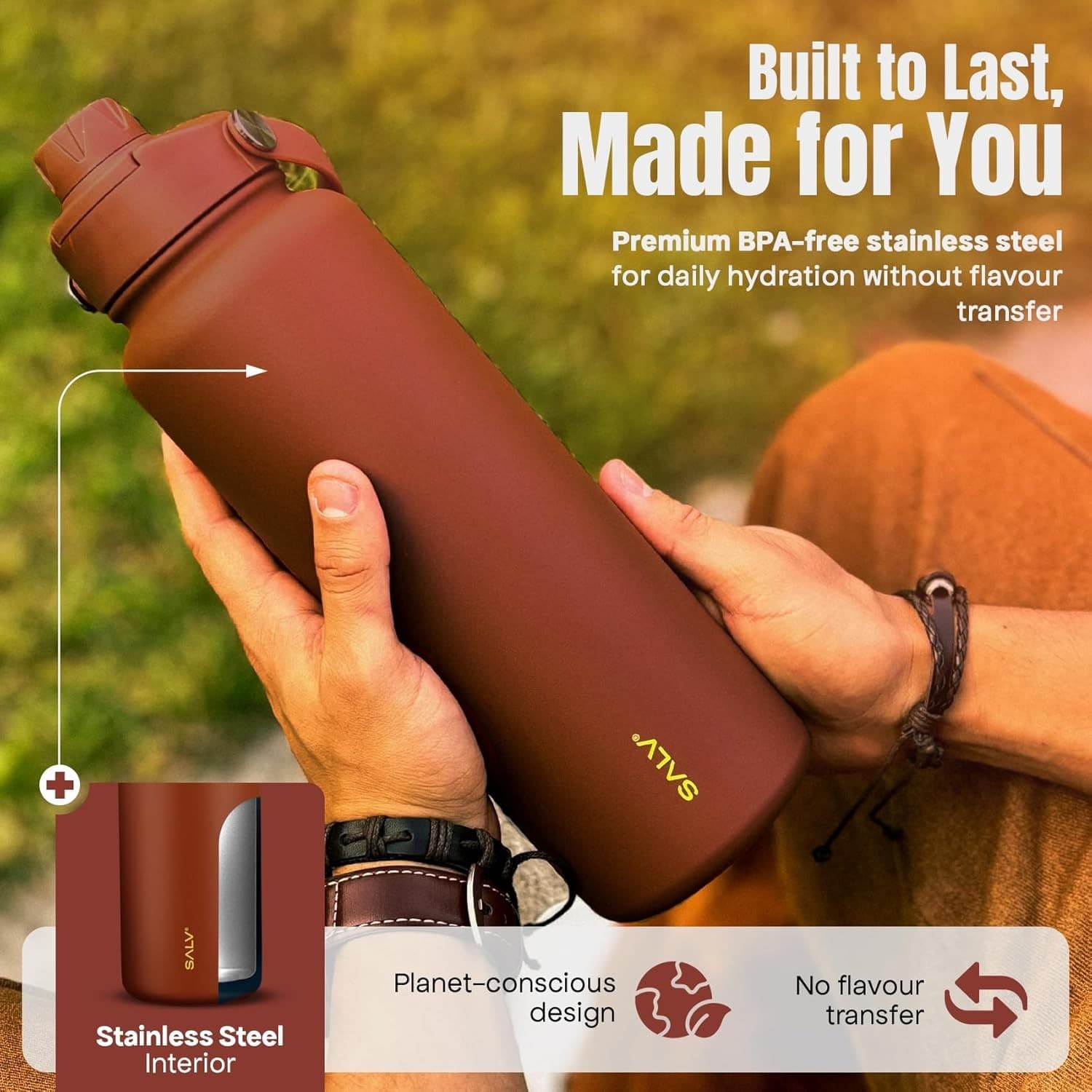 Insulated Water Bottle Stainless Steel Leakproof BPA Free Brown Travel 40oz - Thumbnail 3