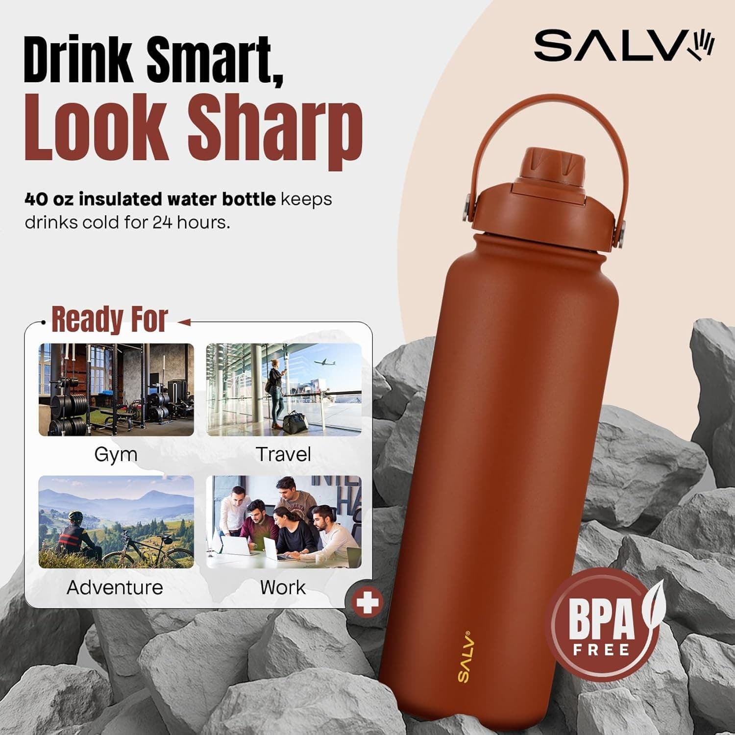Insulated Water Bottle Stainless Steel Leakproof BPA Free Brown Travel 40oz - Thumbnail 4