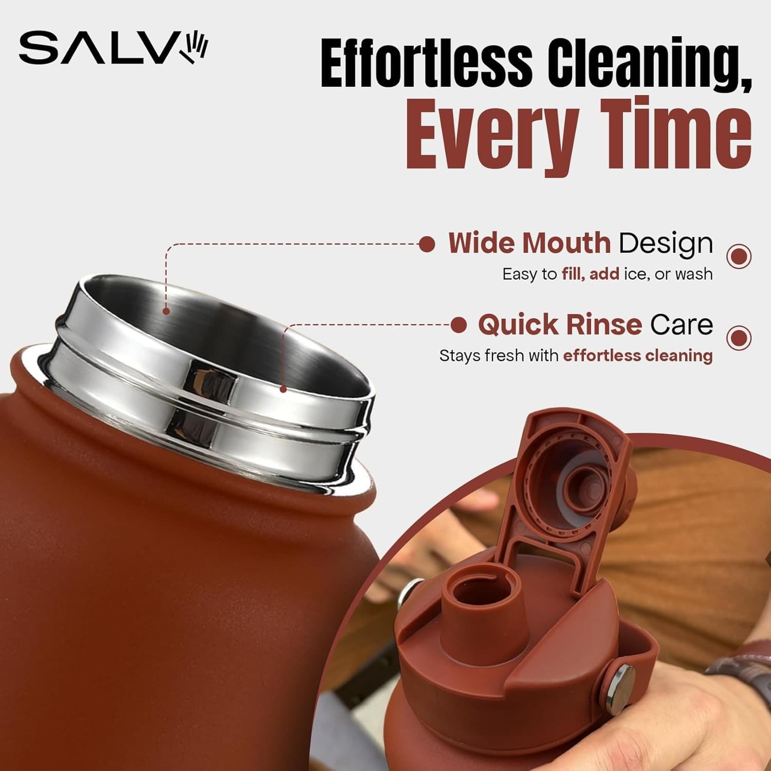 Insulated Water Bottle Stainless Steel Leakproof BPA Free Brown Travel 40oz - Thumbnail 5