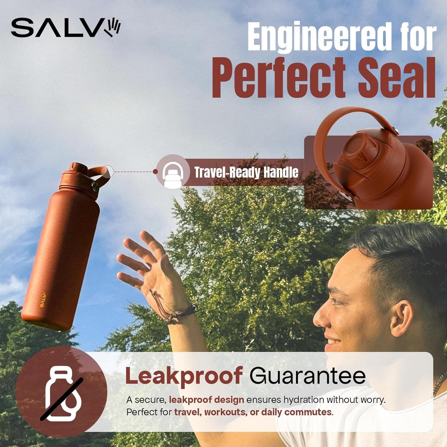 Insulated Water Bottle Stainless Steel Leakproof BPA Free Brown Travel 40oz - Thumbnail 10