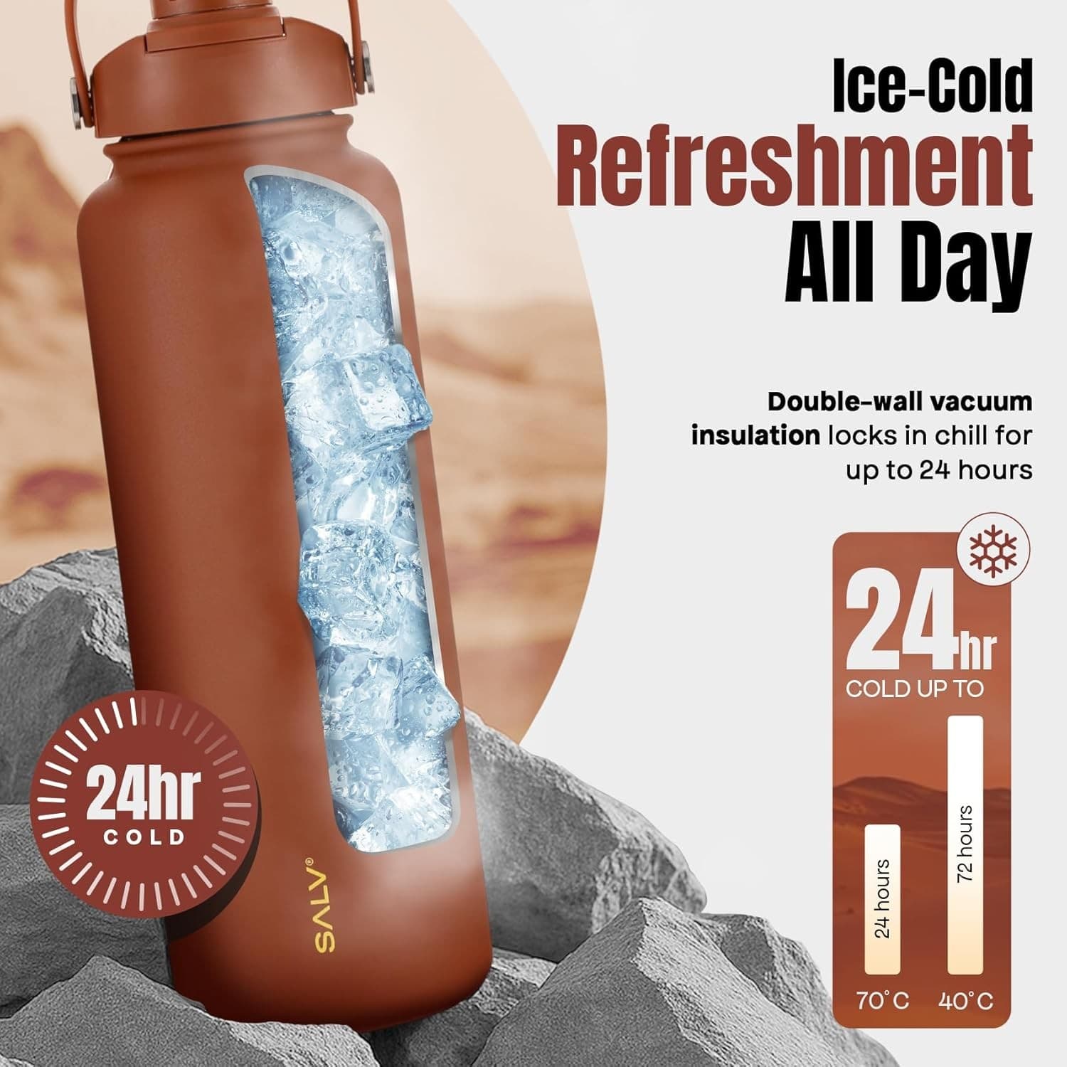Insulated Water Bottle Stainless Steel Leakproof BPA Free Brown Travel 40oz - Thumbnail 2