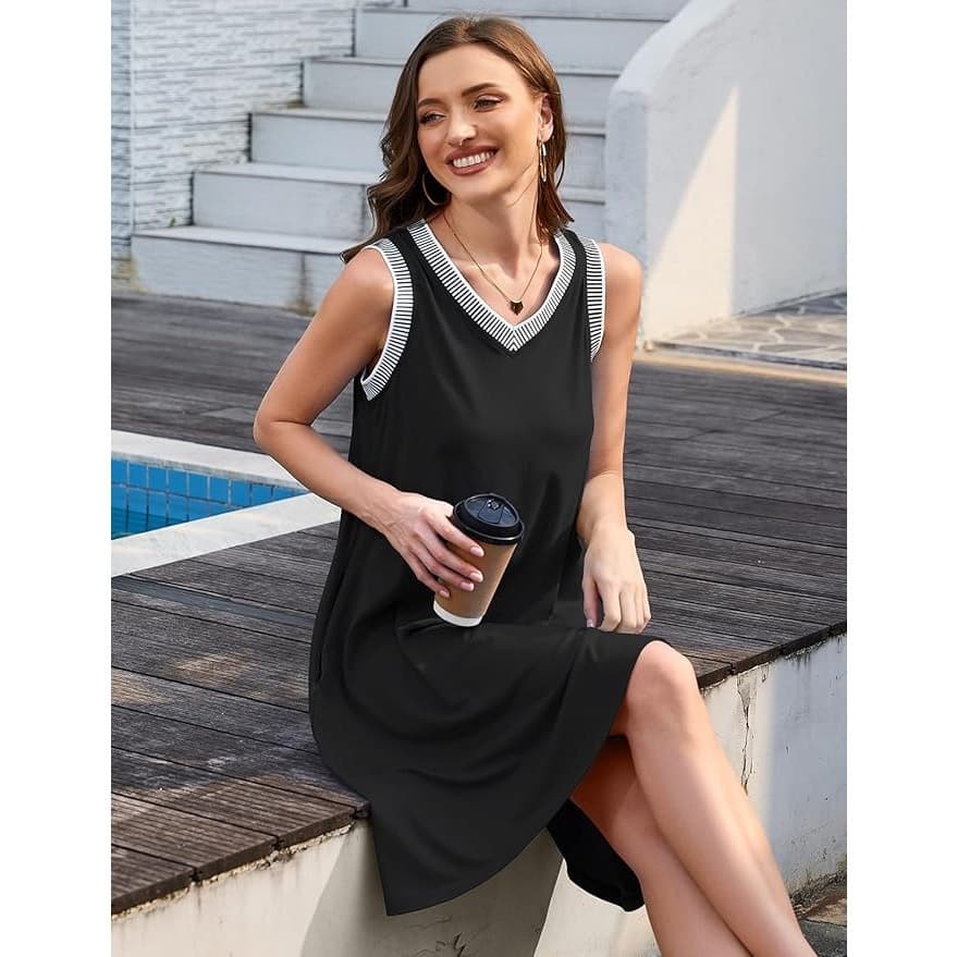 Womens Summer Casual Dress Sleeveless V Neck Black Pockets Beach Size S - Thumbnail 2