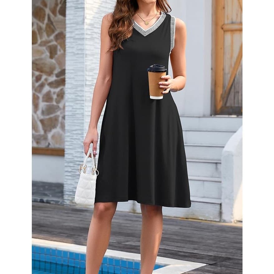 Womens Summer Casual Dress Sleeveless V Neck Black Pockets Beach Size S - Thumbnail 3