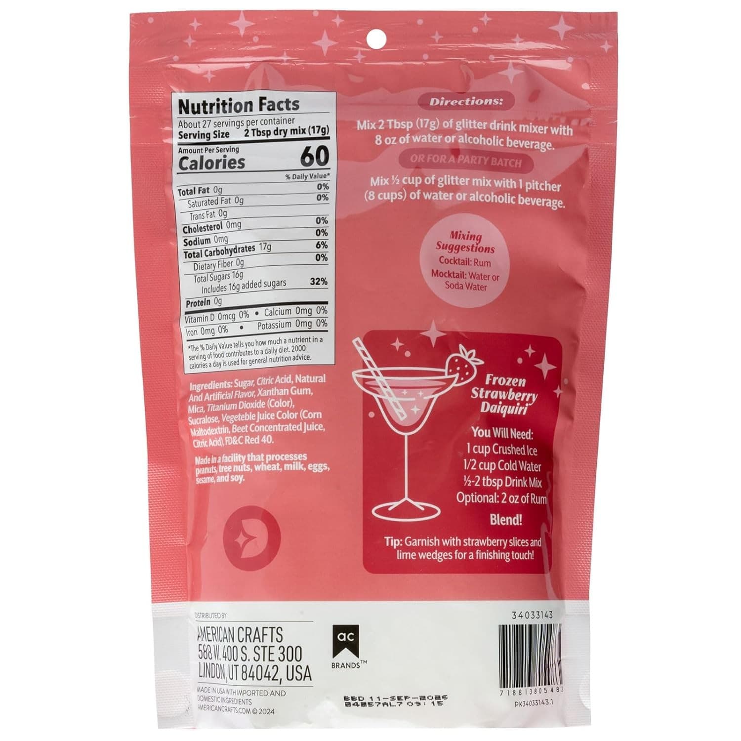 Sweetshop Dazzlin Glitter Drink Mix Strawberry Daiquiri 16oz Cocktail Mocktail - Thumbnail 2