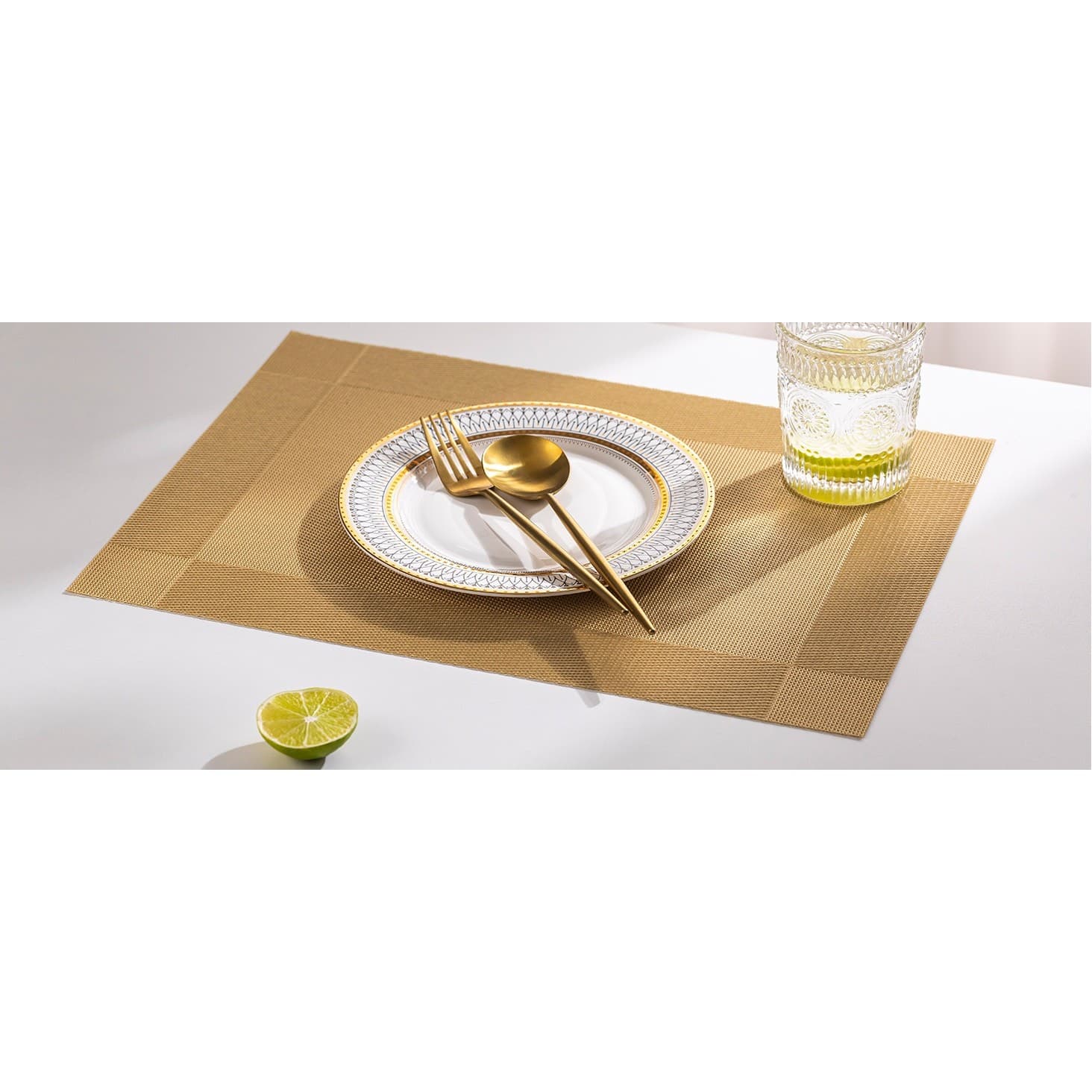 Set of 6 Gold Woven PVC Placemats 12x17 Washable Heat Resistant Table Mats - Thumbnail 2