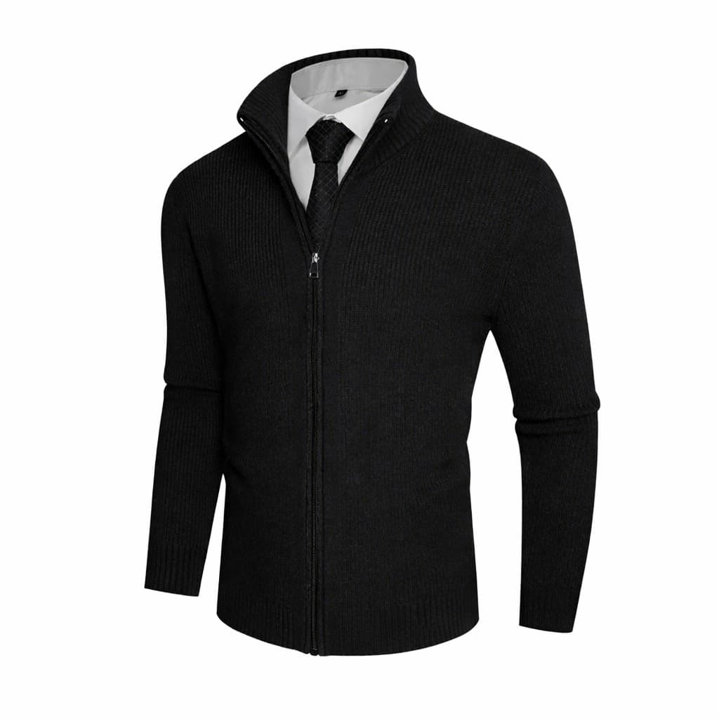 Men’s Black Stand Collar Zip-Up Cardigan Textured Knit Sweater Size L - Thumbnail 2