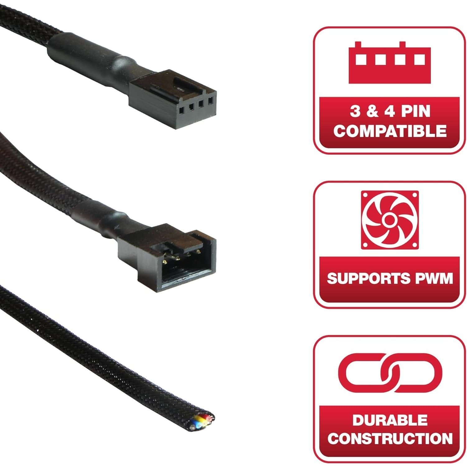 PWM PC Fan Extension Cable 10.5” Black Braided 4-Pin 3-Pin Compatible 4 Pack - Thumbnail 4