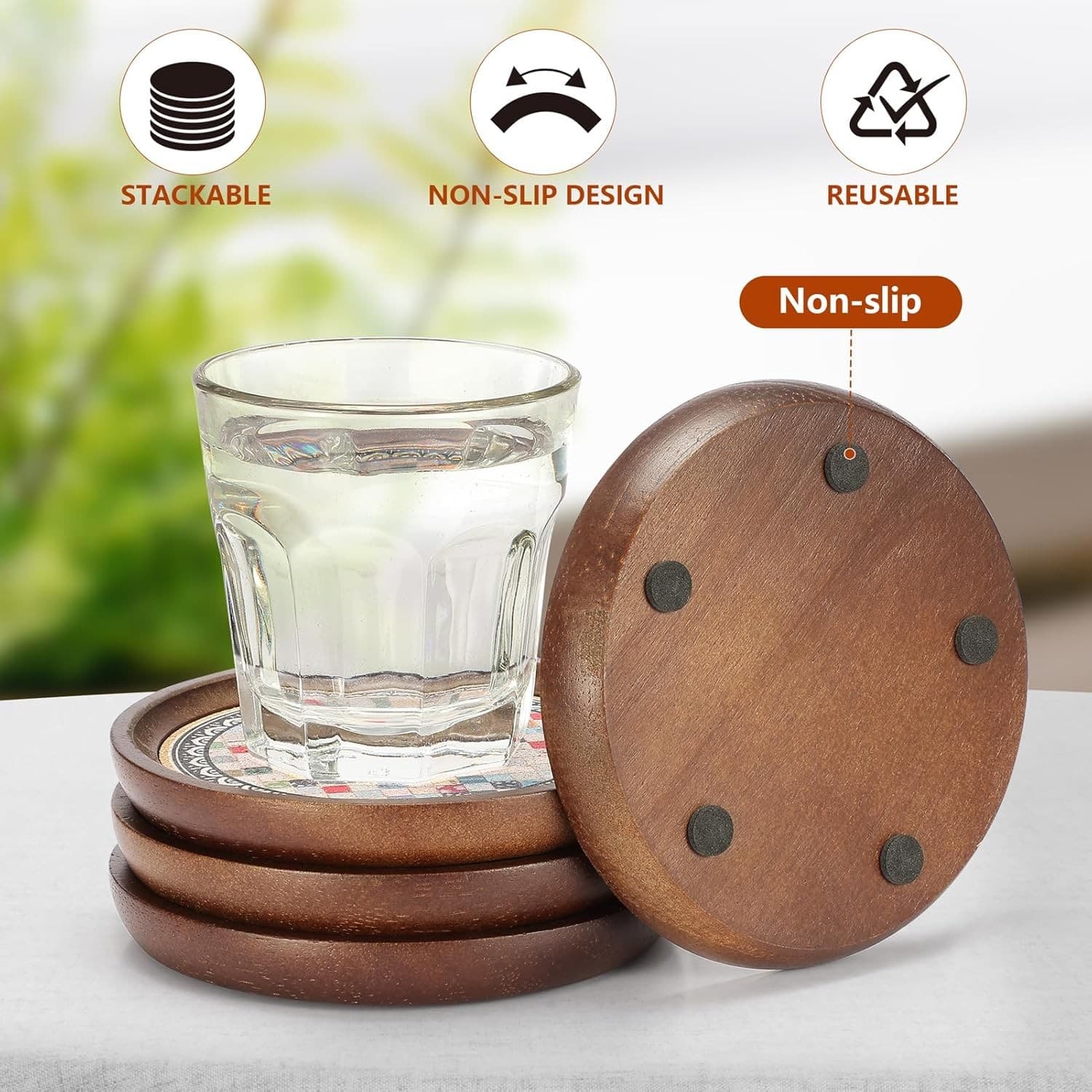 Wooden Drink Coasters Set 4 Mandala Absorbent Cork Base 4.7" Coffee Table - Thumbnail 6