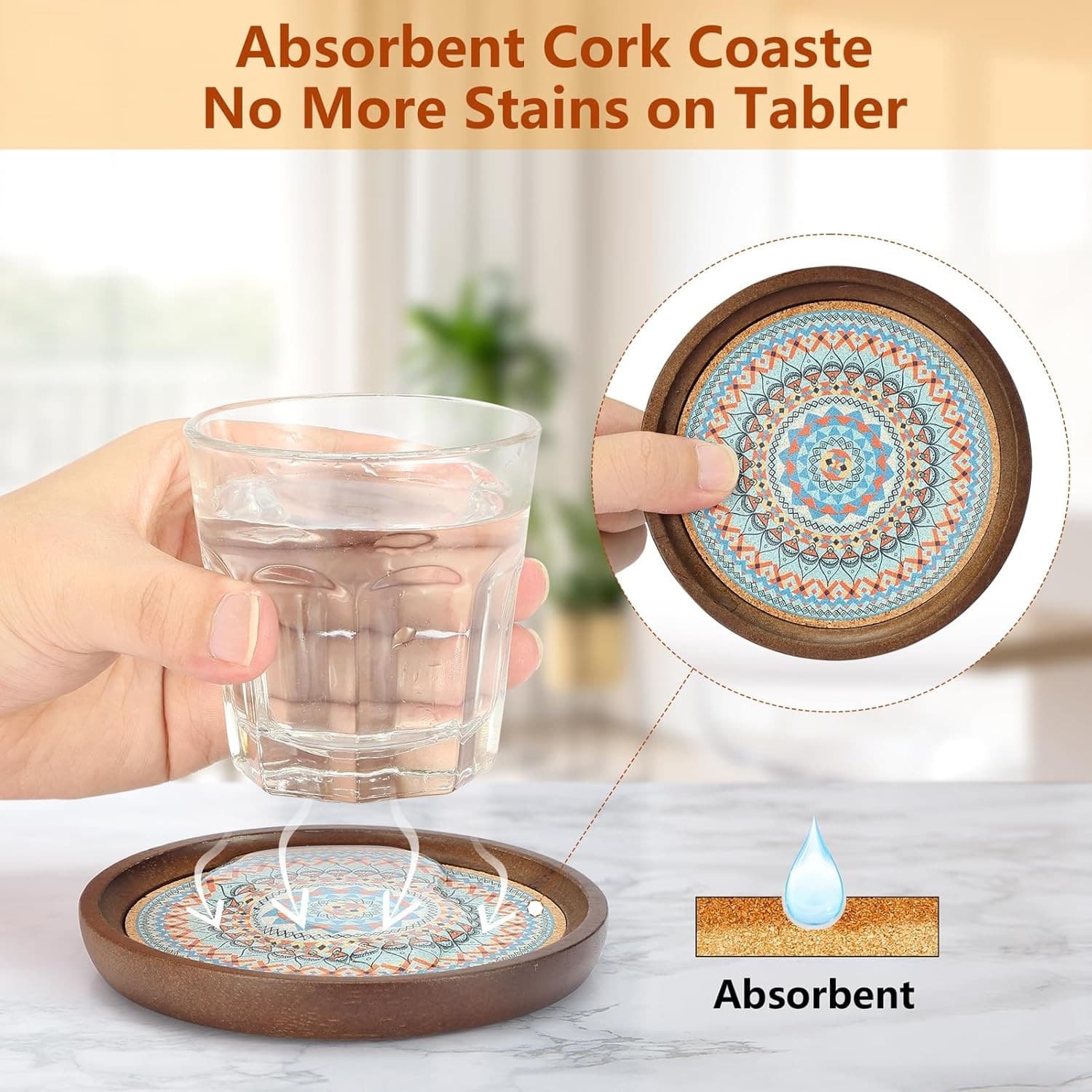 Wooden Drink Coasters Set 4 Mandala Absorbent Cork Base 4.7" Coffee Table - Thumbnail 4