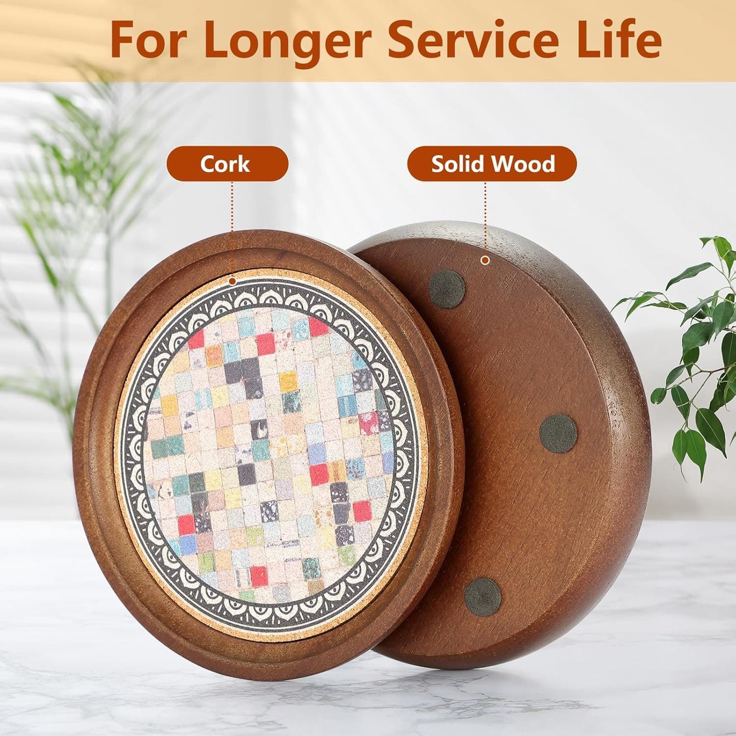 Wooden Drink Coasters Set 4 Mandala Absorbent Cork Base 4.7" Coffee Table - Thumbnail 7
