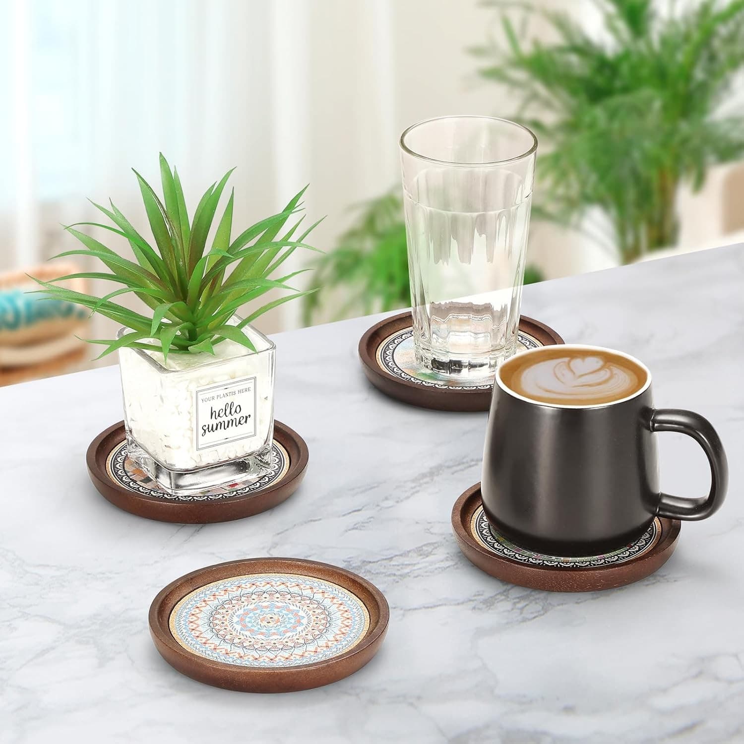 Wooden Drink Coasters Set 4 Mandala Absorbent Cork Base 4.7" Coffee Table - Thumbnail 3