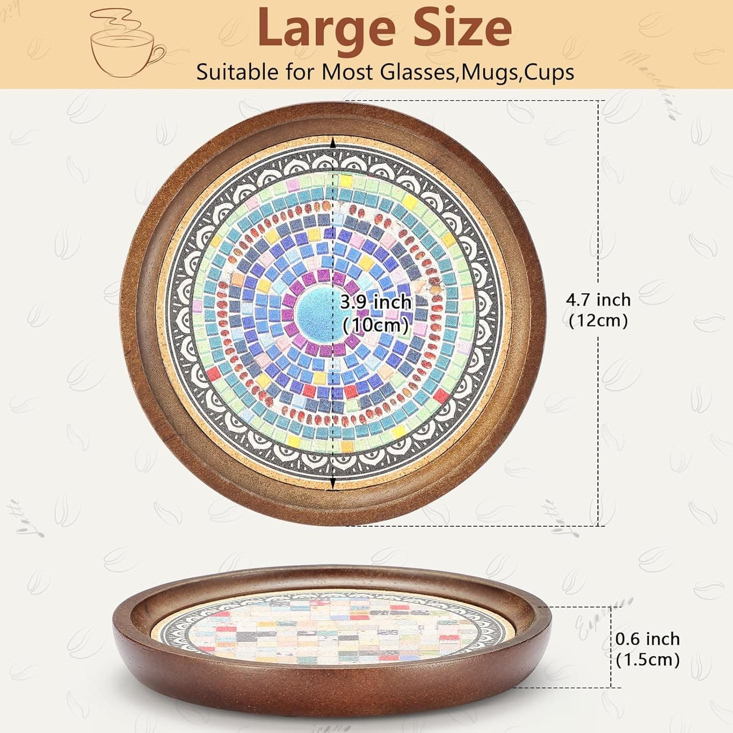 Wooden Drink Coasters Set 4 Mandala Absorbent Cork Base 4.7" Coffee Table - Thumbnail 5