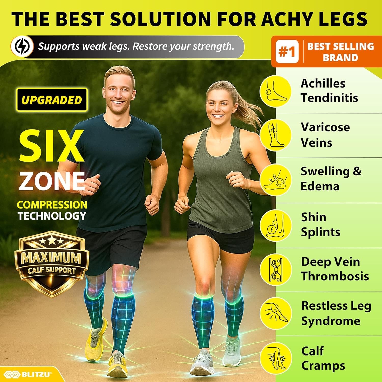 BLITZU Calf Compression Sleeves Shin Splints Support Leg Sleeves Men Women - Thumbnail 3