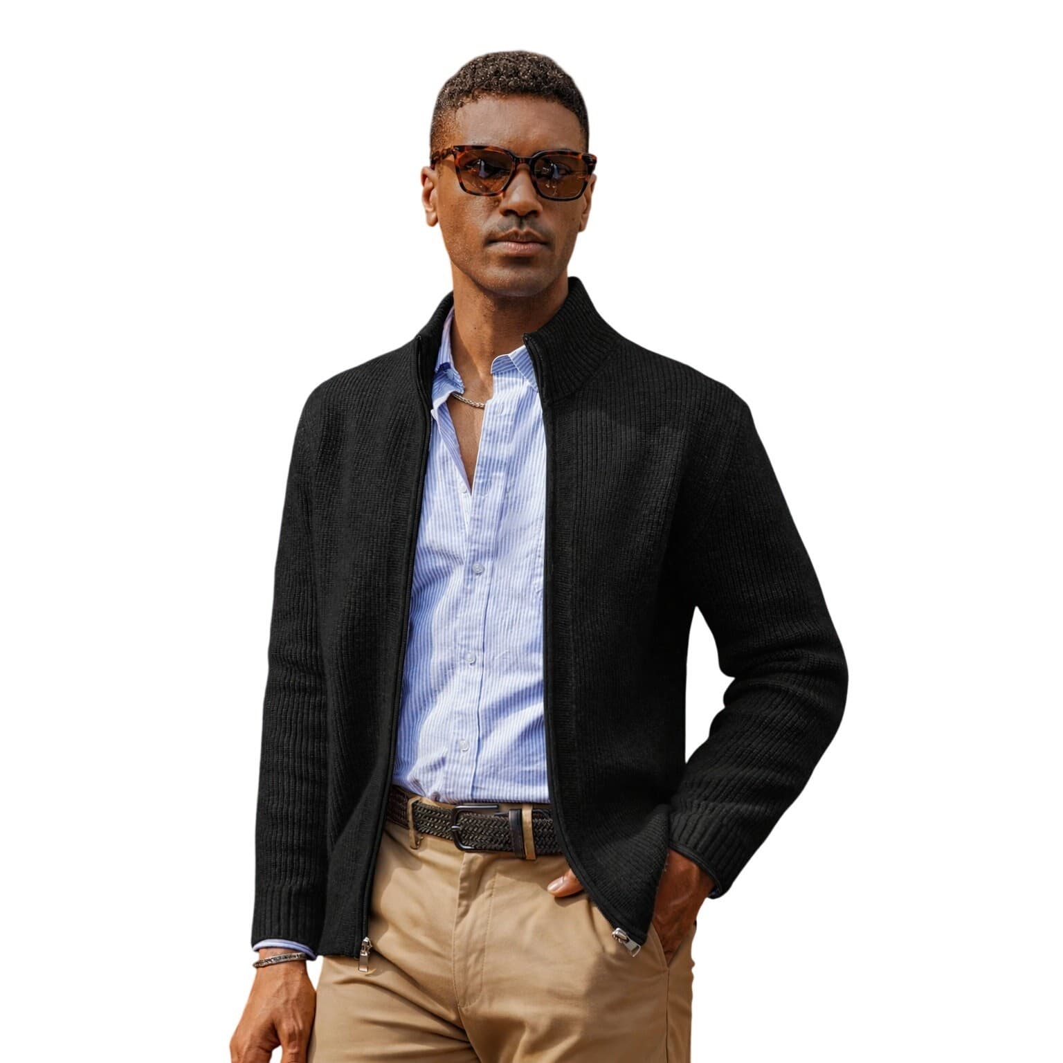 Men’s Black Stand Collar Zip-Up Cardigan Textured Knit Sweater Size L - Thumbnail 3