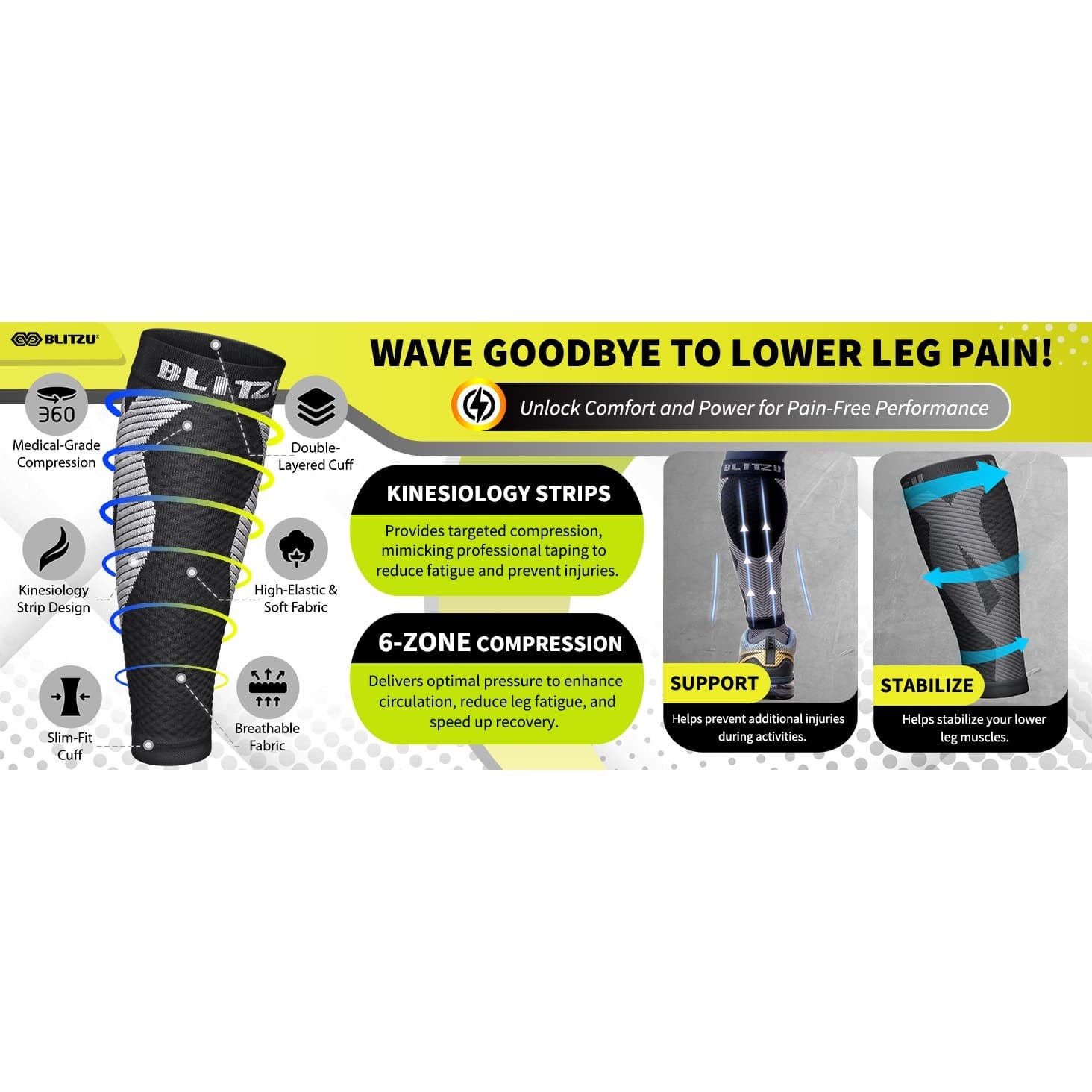 BLITZU Calf Compression Sleeves Shin Splints Support Leg Sleeves Men Women - Thumbnail 10