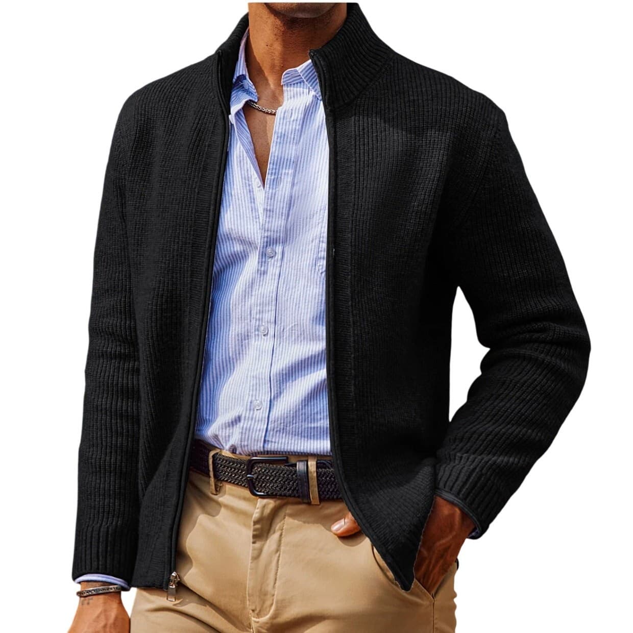 Men’s Black Stand Collar Zip-Up Cardigan Textured Knit Sweater Size L - Thumbnail 4