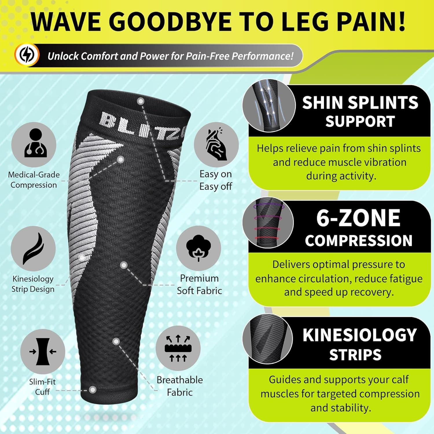 BLITZU Calf Compression Sleeves Shin Splints Support Leg Sleeves Men Women - Thumbnail 2